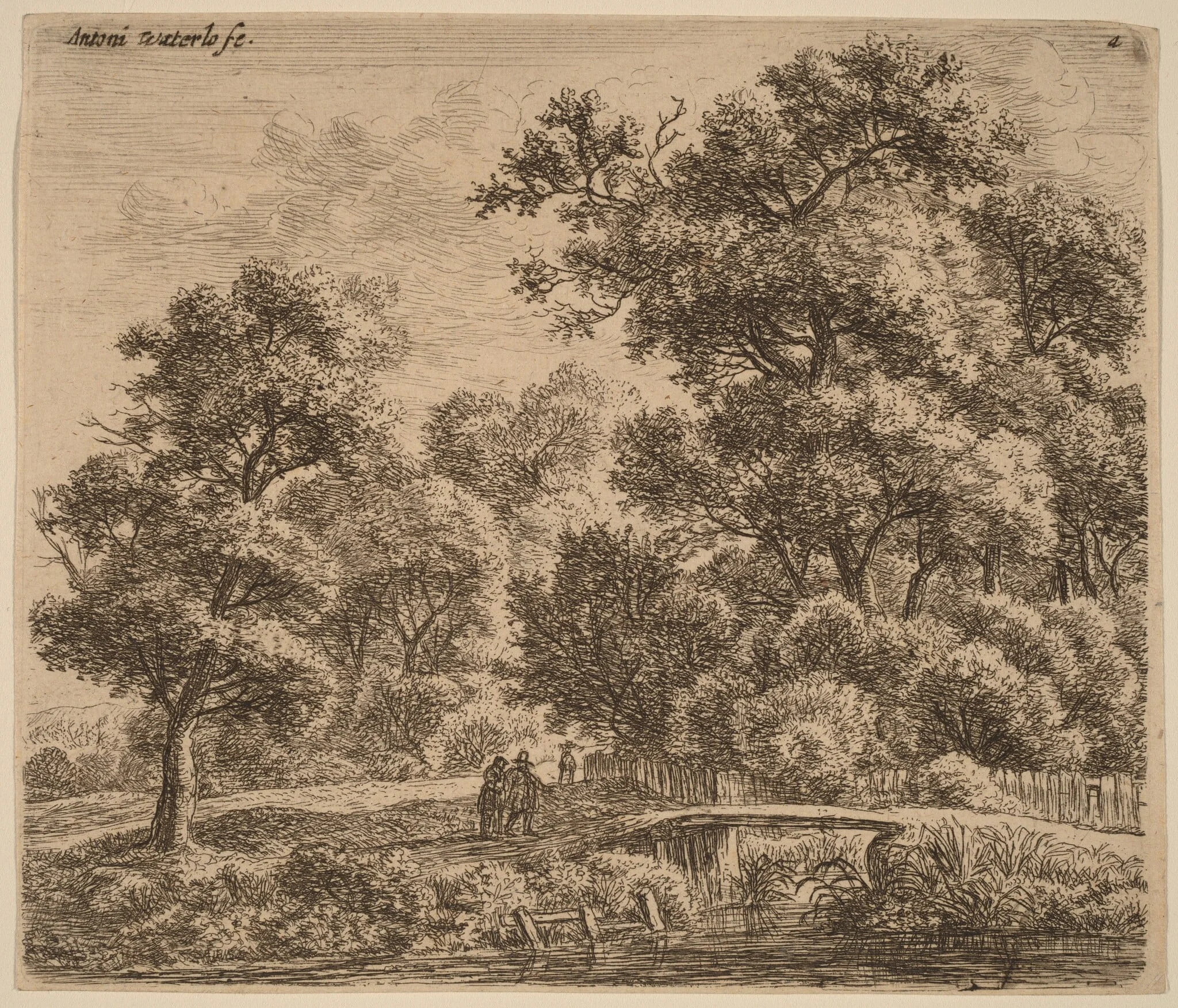 Wooded Landscape with a Bridge, by Antonie Waterloo, ink, 1650