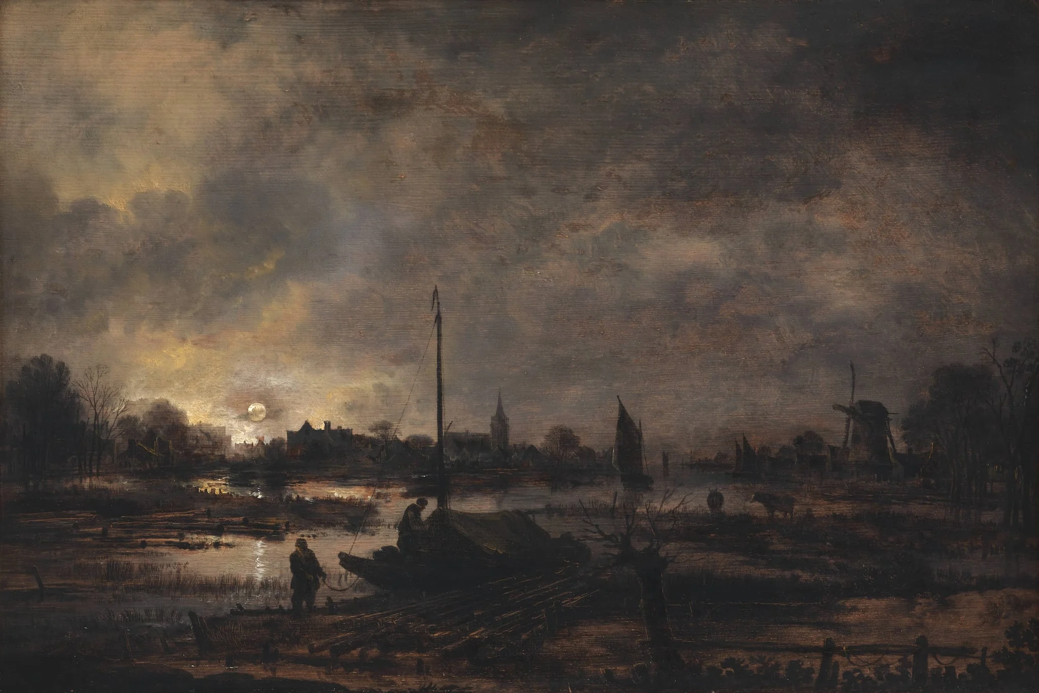 The Moon Rising over a Village, by Unknown, 1650