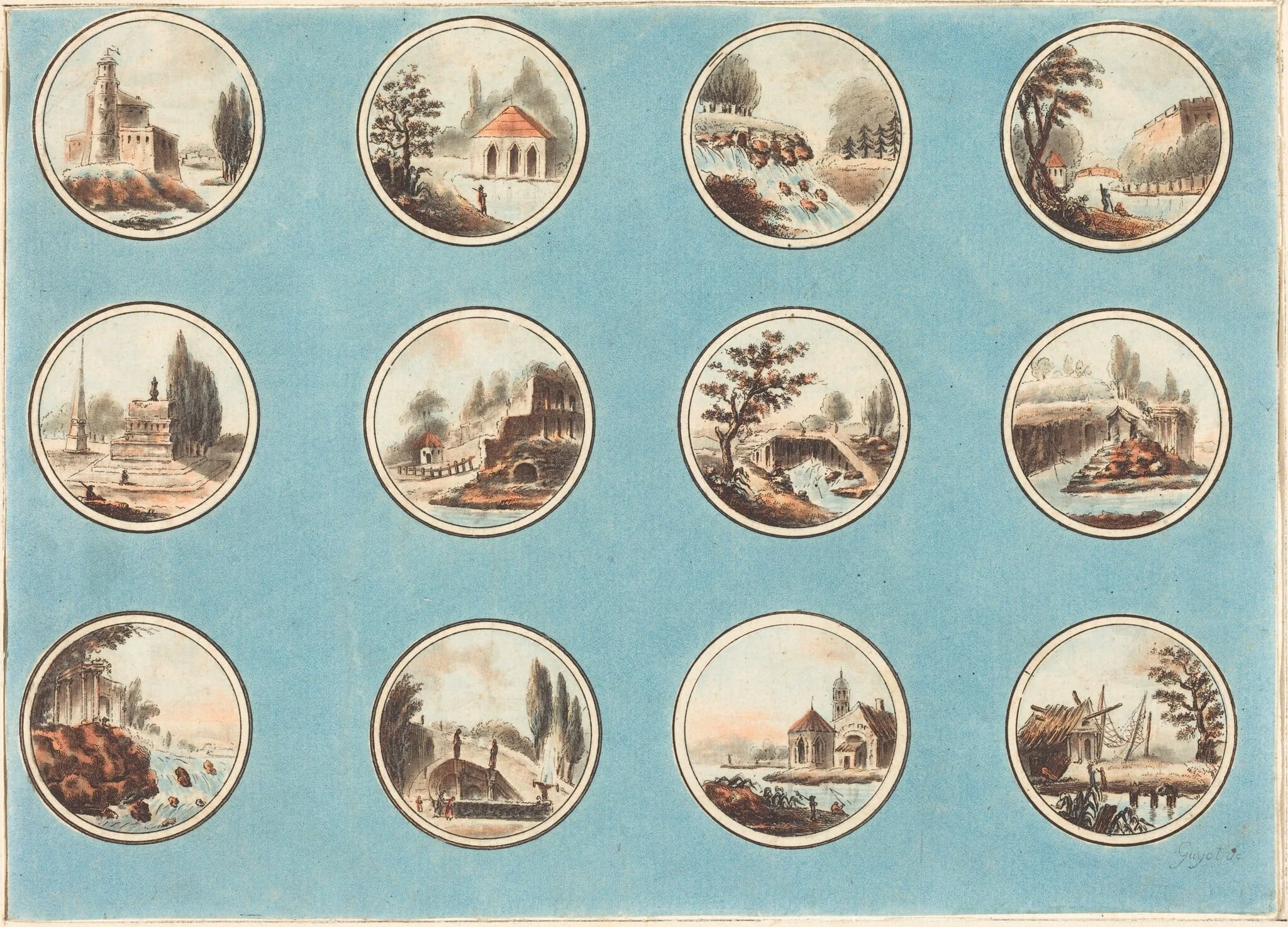 Twelve Roundels with Landscapes, by Laurent Guyot, ink, 1788
