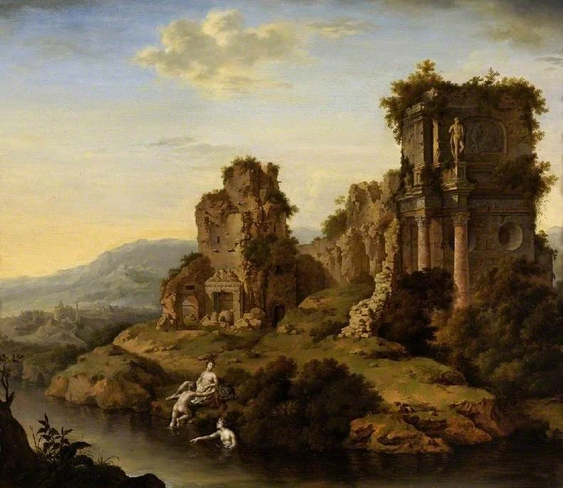 Landscape with ruins, nymphs bathing, by Willem van Mieris, oil, 1730