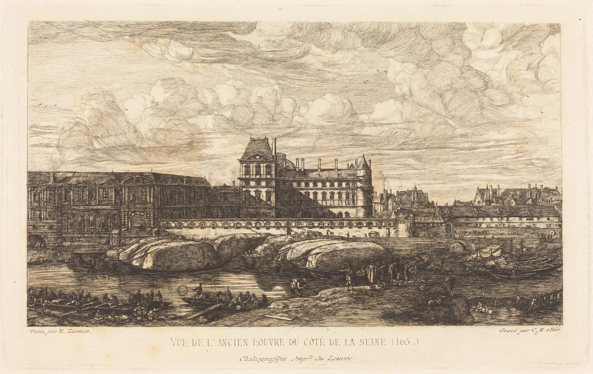 L'ancien Louvre d'après une peinture de Zeeman, 1651 (The Old Louvre, from a Painting by Zeeman, 1651), by Charles Meryon, ink, 1866