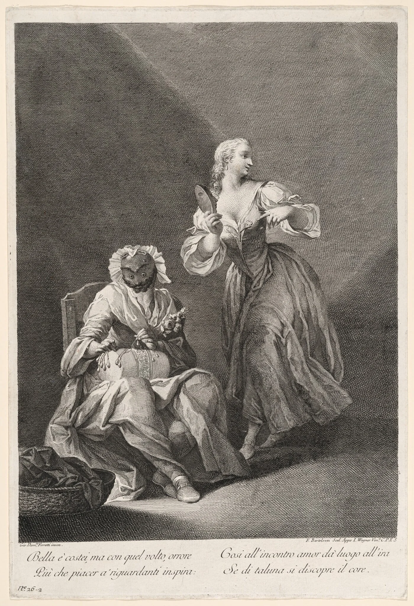 Harlequin as Lacemaker, by Francesco Bartolozzi, ink, 1760