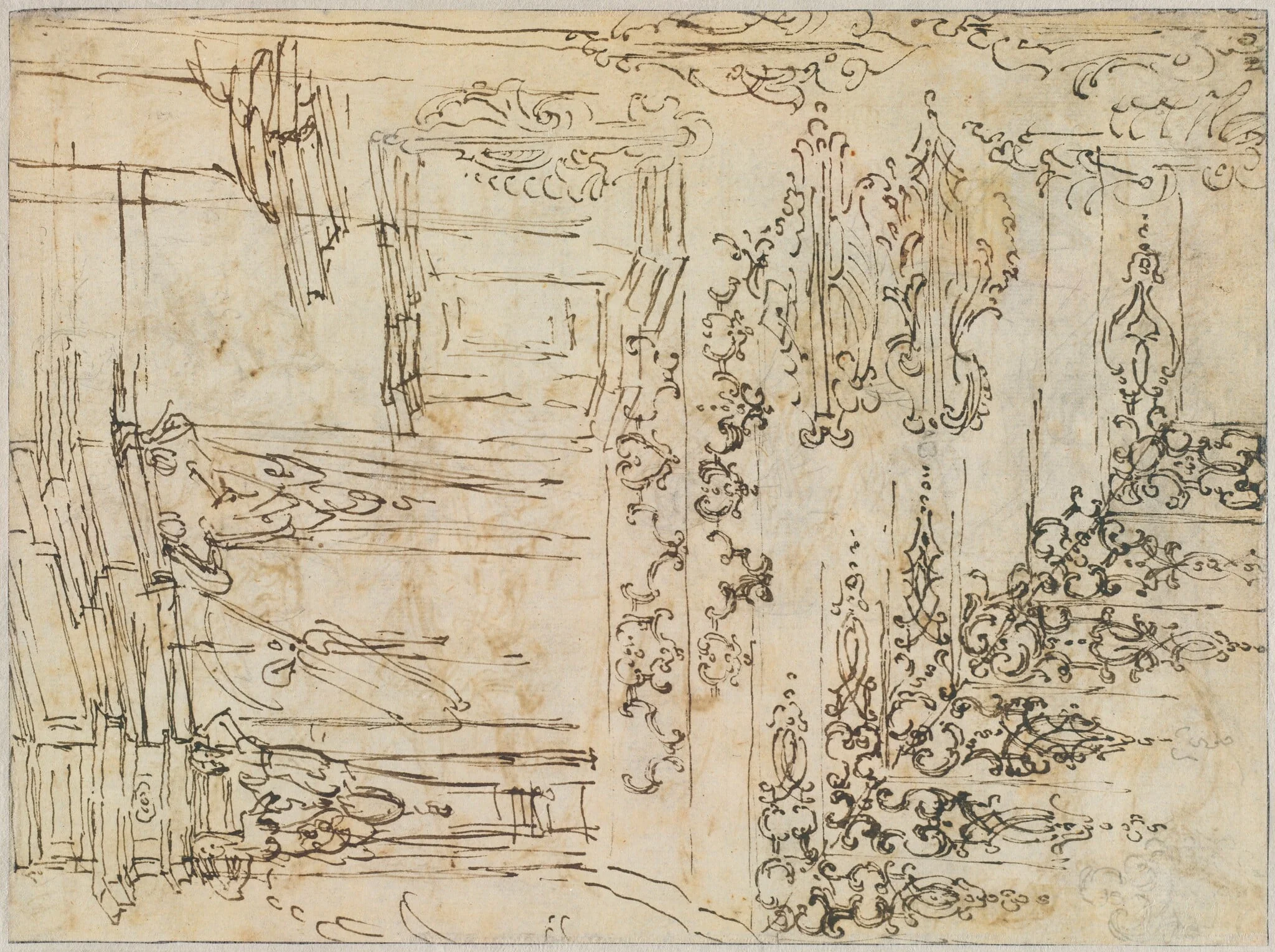 Studies of Ornament and Architecture, by Claude Gillot, ink, 1710