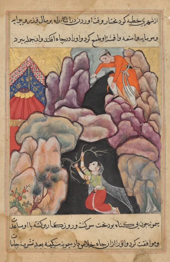 Mukhtar throws his wife Maimuna into the pit, but she saves herself, from a Tuti-nama (Tales of a Parrot): Twenty-fifth Night, by Unknown, unspecified, 1560