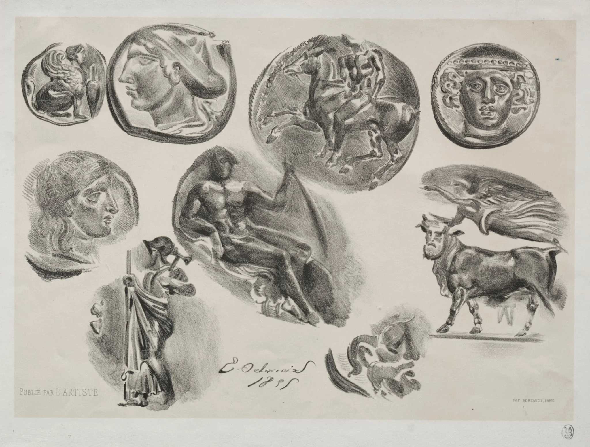 Sheet with Nine Antique Medals, by Eugène Delacroix, 1825