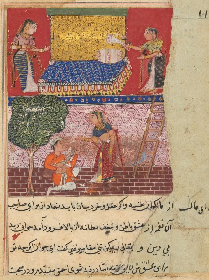 The daughter-in-law of the king of Banaras, charmed by the music of a vagabond, comes down to meet him, from a Tuti-nama (Tales of a Parrot): Sixteenth Night, by Unknown, unspecified, 1560