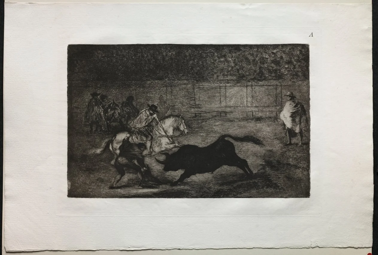 Bullfights:  A Spanish Mounted Knight Breaking Short Spears with the Help of Assistants, by Francisco Goya, 1816