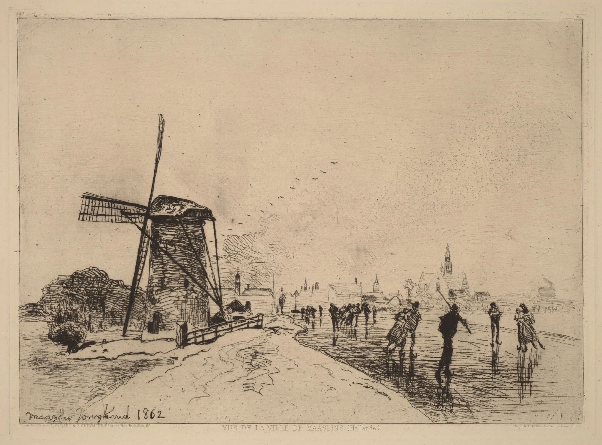 View of the Village of Maaslins (Vue de la ville de Maaslins (Hollande)), by Johan Barthold Jongkind, ink, 1862