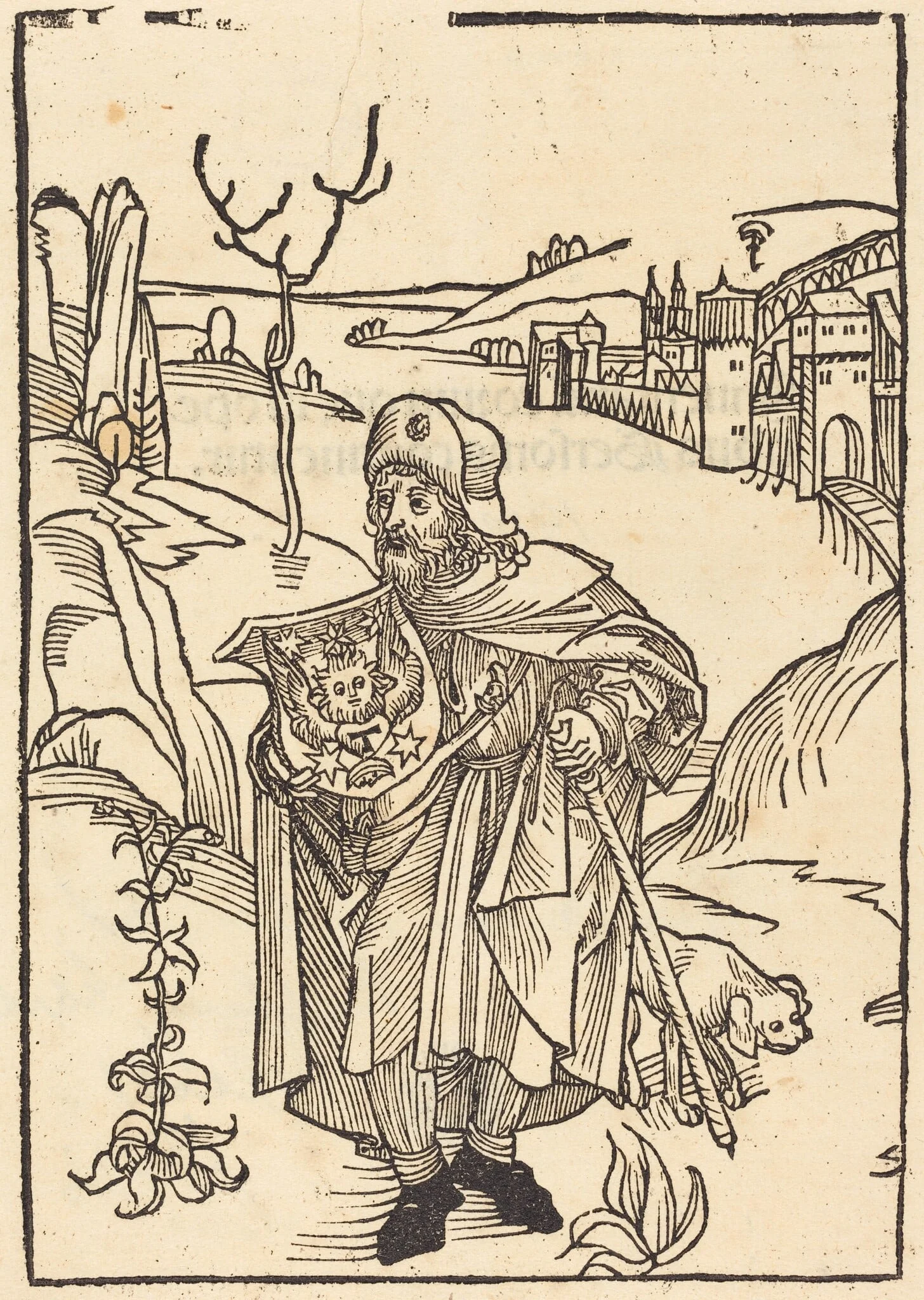 Gerson as Pilgrim with Town in Background, by German 15th Century, ink, 1488