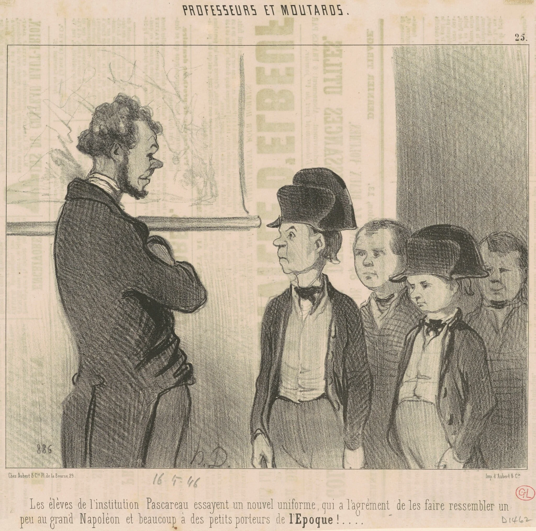 Les èleves de l'institution Pascareau essayent un nouvel uniforme ..., by Honoré Daumier, ink, 1846