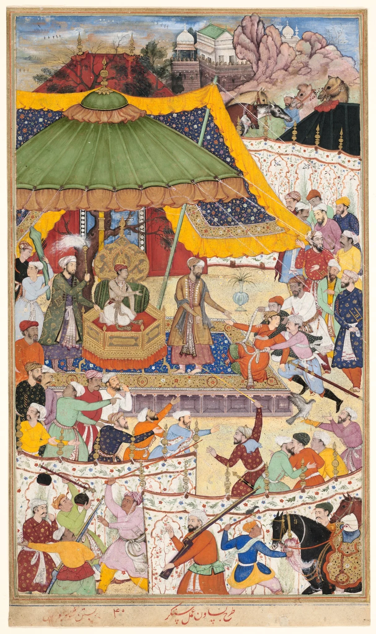 The Young Emperor Akbar Arrests the Insolent Shah Abu’l-Maali, Page from a Manuscript of the Akbarnama, by Basawan, watercolor, 1590