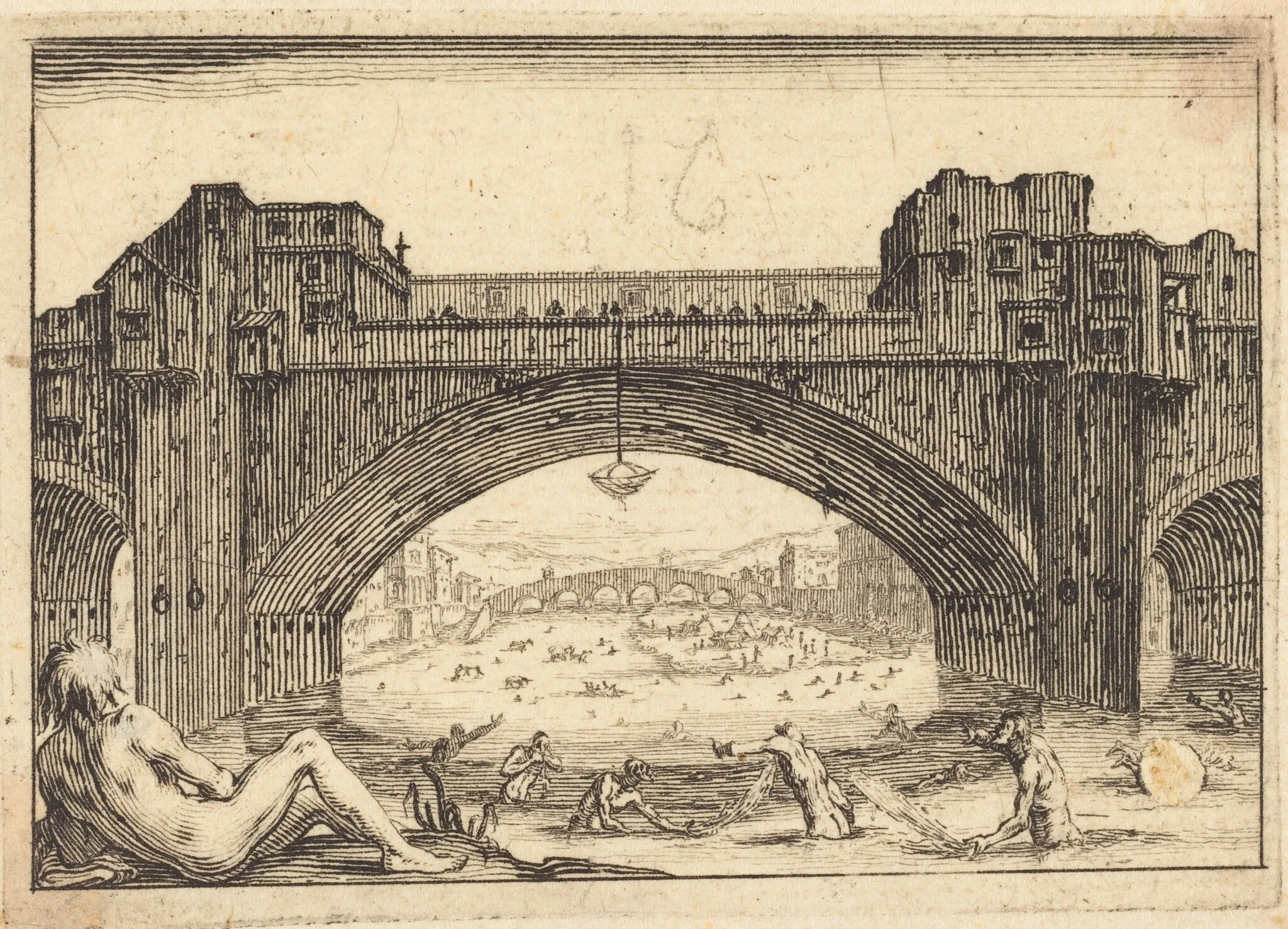 Ponte Vecchio, Florence, by Jacques Callot, ink, 1617