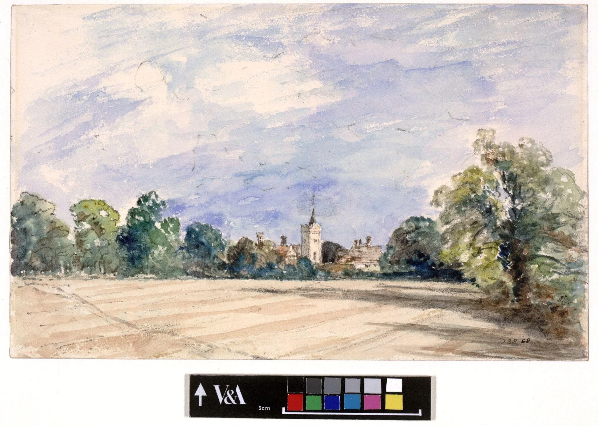 A village seen over a ploughed field, by John Constable, watercolor, 1834