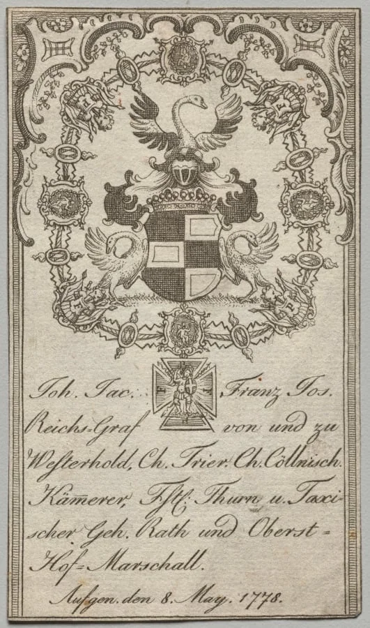 Bookplate: Johan. Jac. Franz-Joseph, Reichs-Graf von Westerhold, by Unknown, 1778