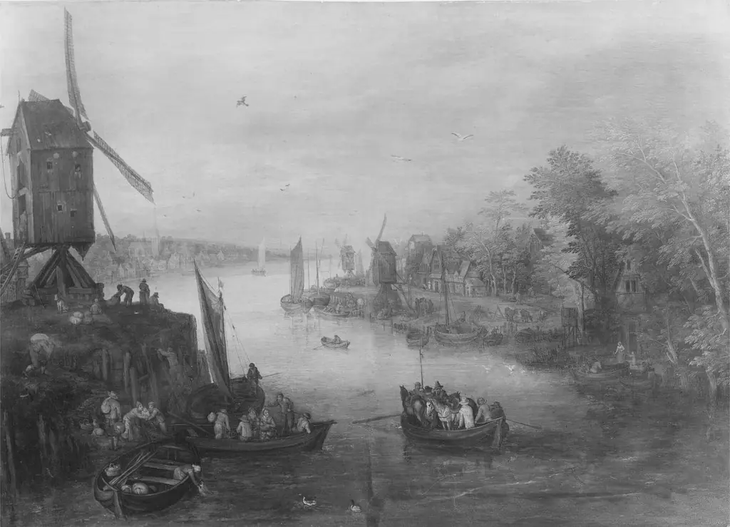 River Landscape with Windmills