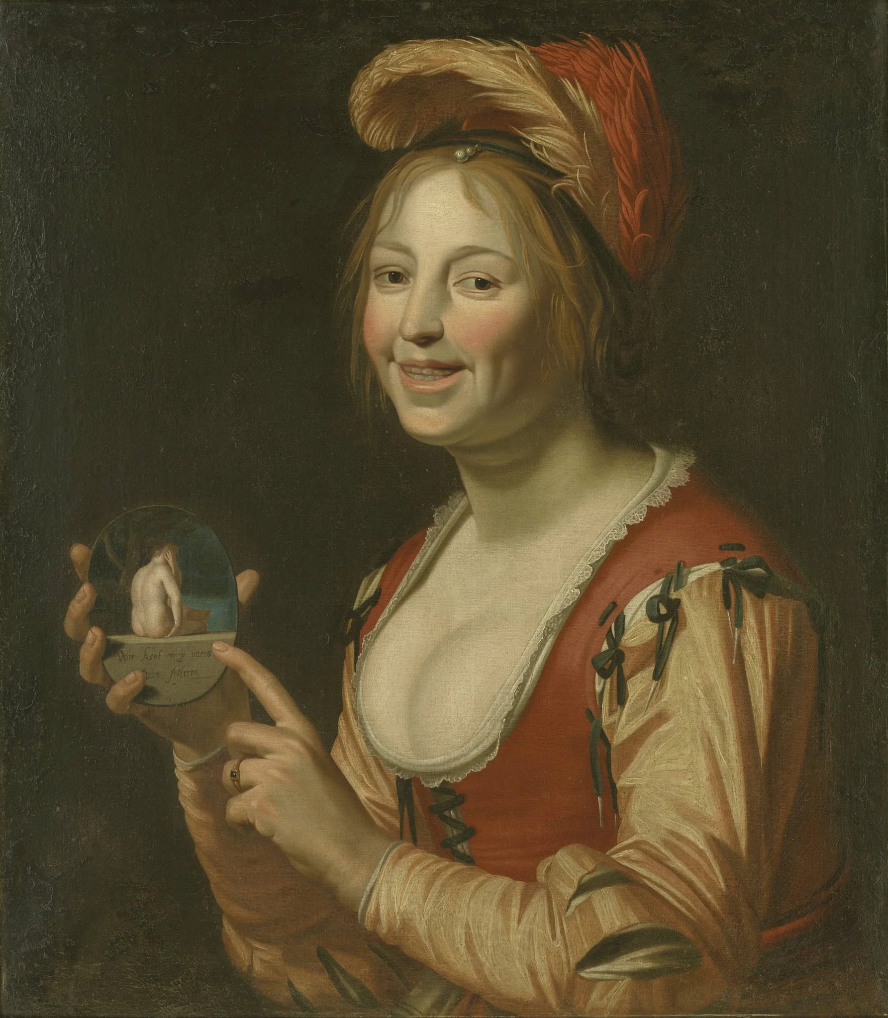 Laughing Girl Showing a Small Picture of a Nude Woman Seen from Behind