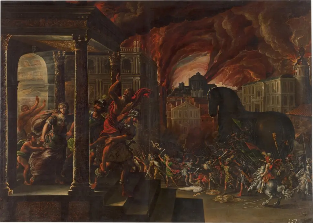 Aeneas and his family fleeing the burning city of Troy, with the Trojan horse in the background