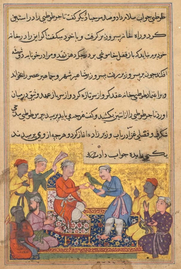 The magic parrot of the merchant talks to the vizier’s son, from a Tuti-nama (Tales of a Parrot): Tenth Night, by Lalu, unspecified, 1560
