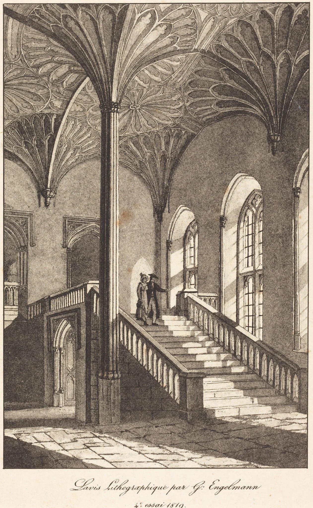 Man and Woman Descending Staircase, by Gottfried Engelmann, ink, 1819