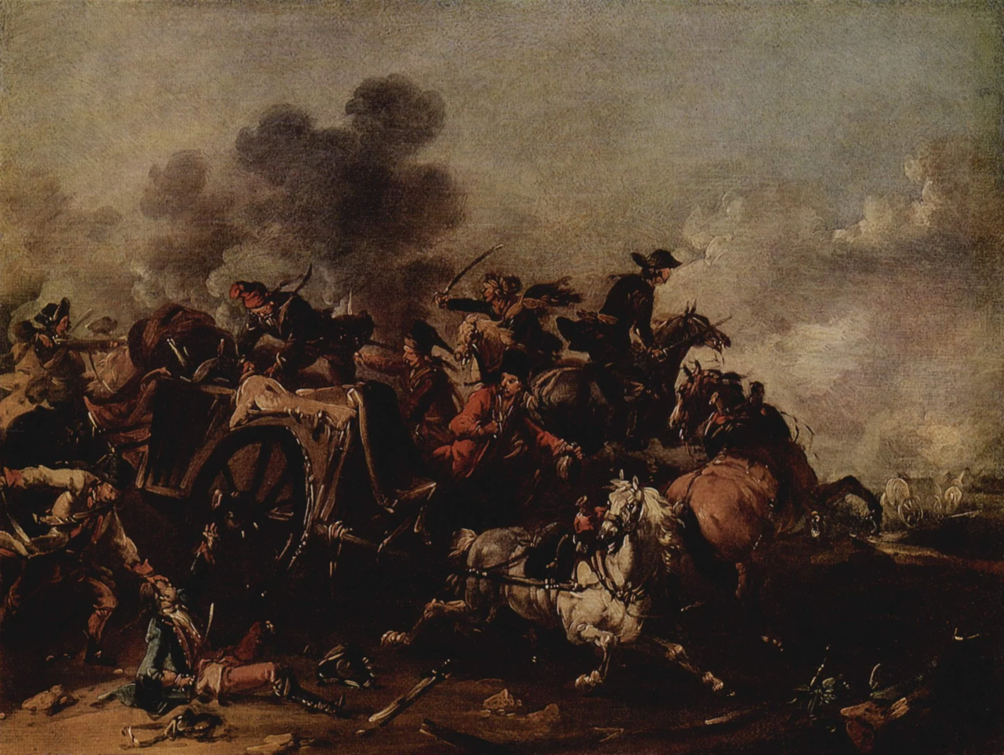 Reiterangriff auf einem Wagen, by August Querfurt, oil, 1738