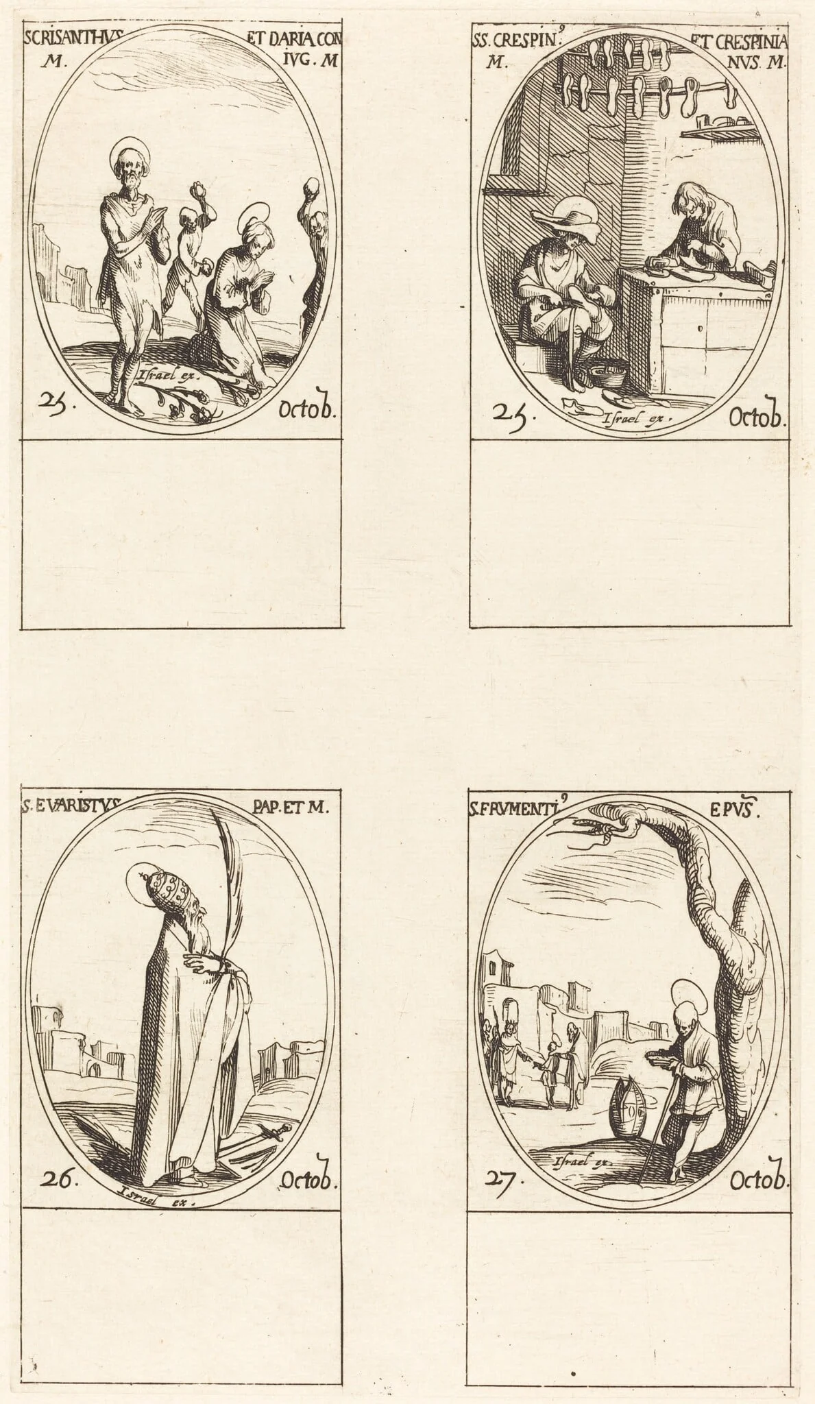 Sts. Chrysanthus & Daria; Sts. Crispin & Crispinian; St. Evaristus; St. Frumentius, by Jacques Callot, ink, 1634