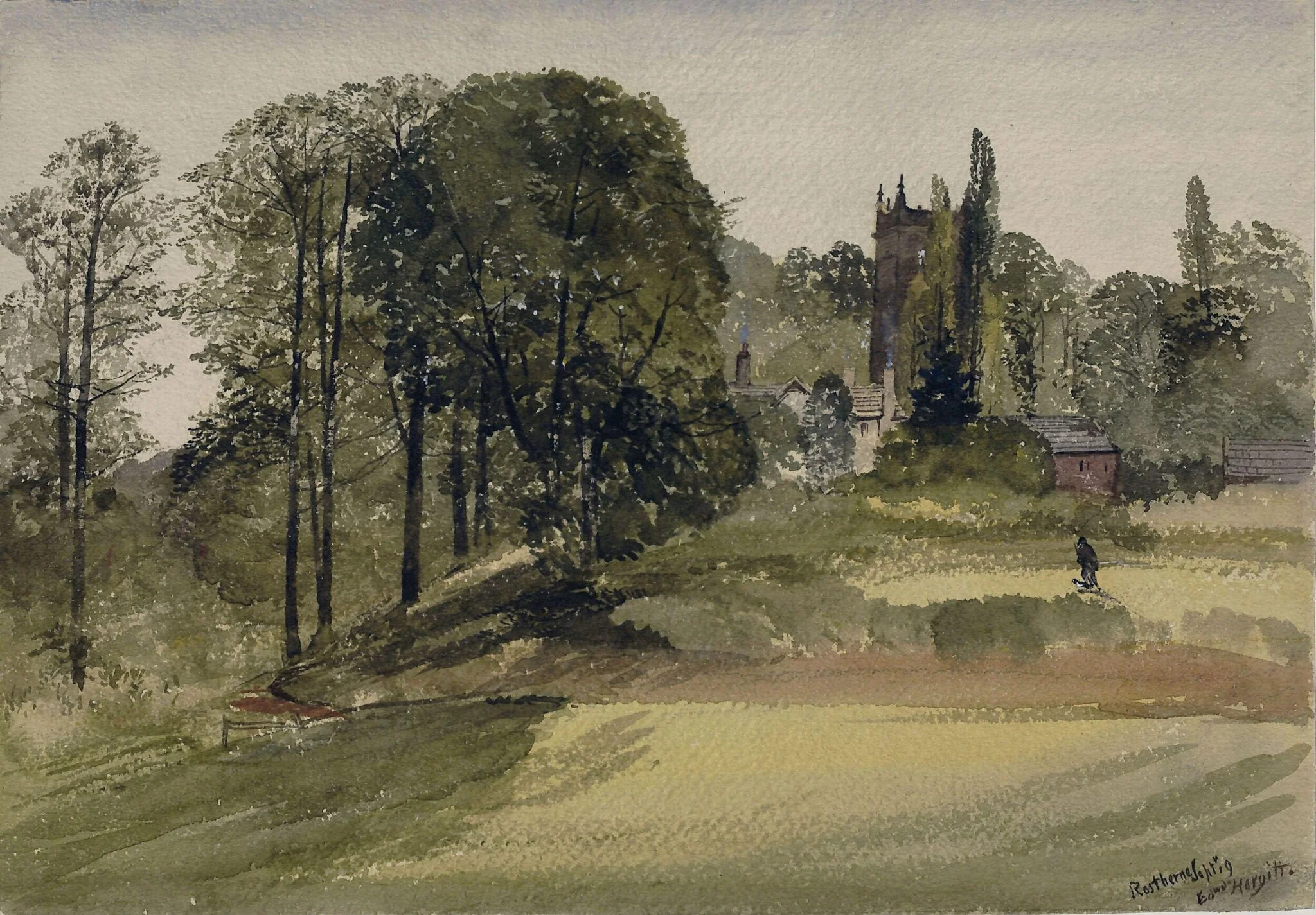 Rostherne Church, Cheshire, by Hargitt, watercolor, 1850