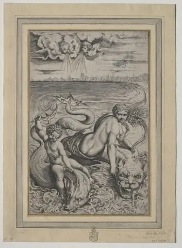 Love and Cupid Carried by Dolphins