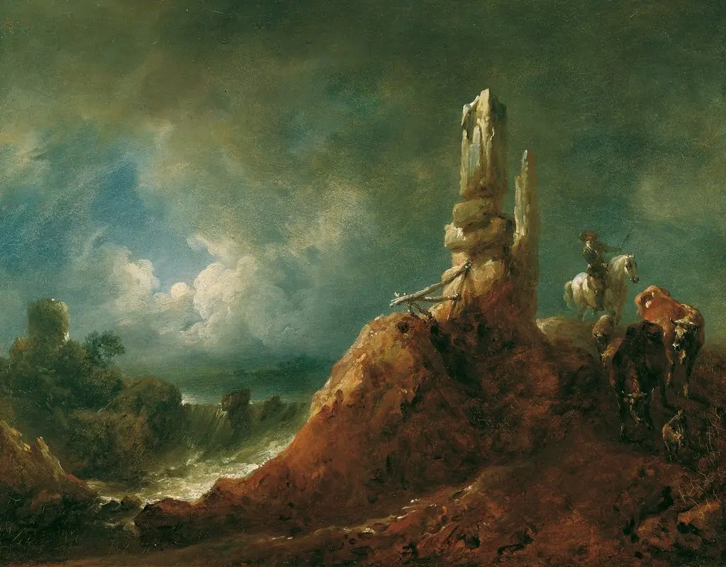Landscape with ruin and rider in the moonlight
