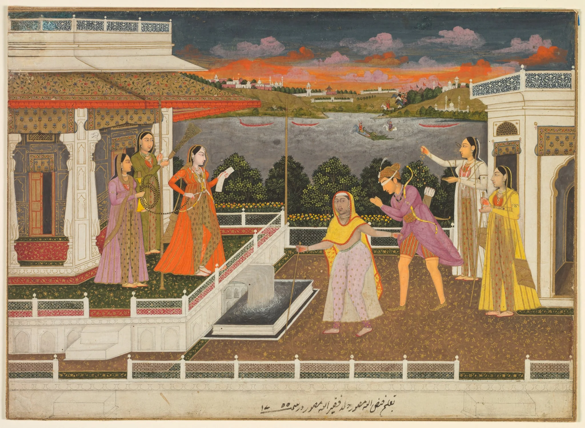 A blindfolded suitor is brought before a princess; verso: scrolling floral vines, by Faizullah, unspecified, 1755