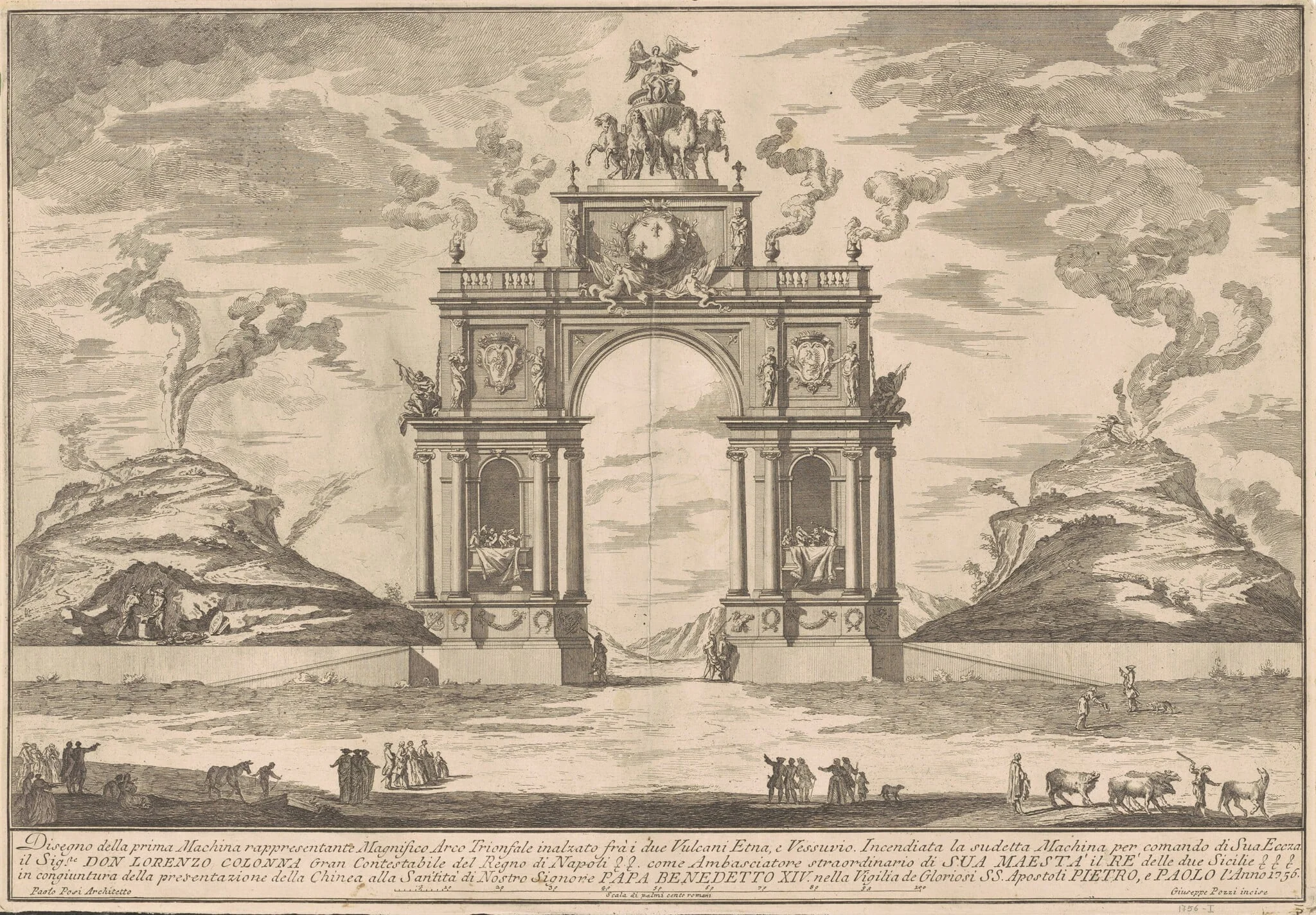 The Prima Macchina for the Chinea of 1756: A Triumphal Arch between Mount Etna and Mount Vesuvius, by Giuseppe Pozzi, ink, 1756