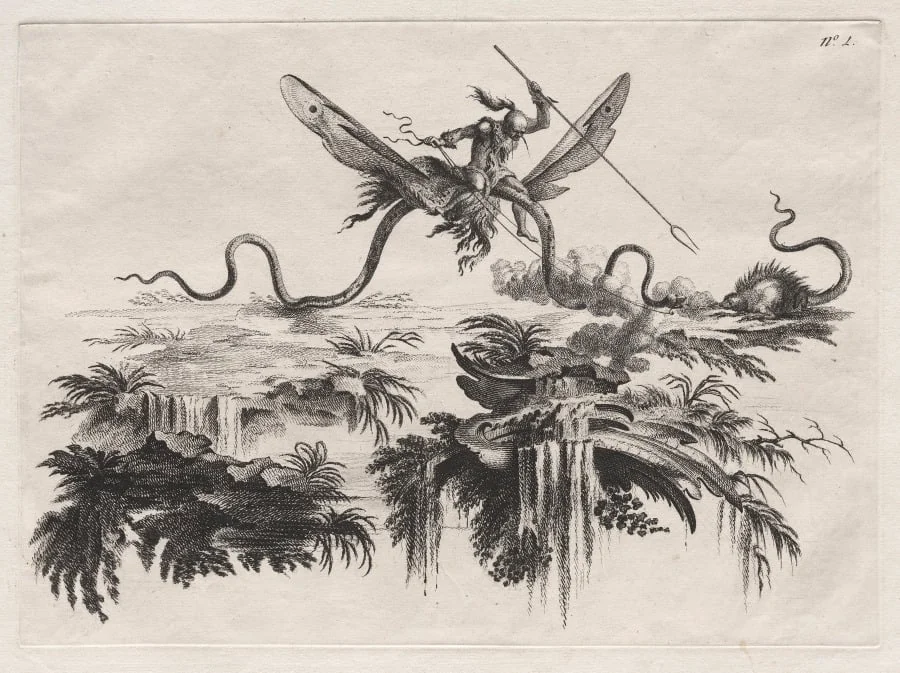 A Savage mounted on a winged Serpent battling with a wild beast resembling a Porcupine, by Filippo Morghen, 1769