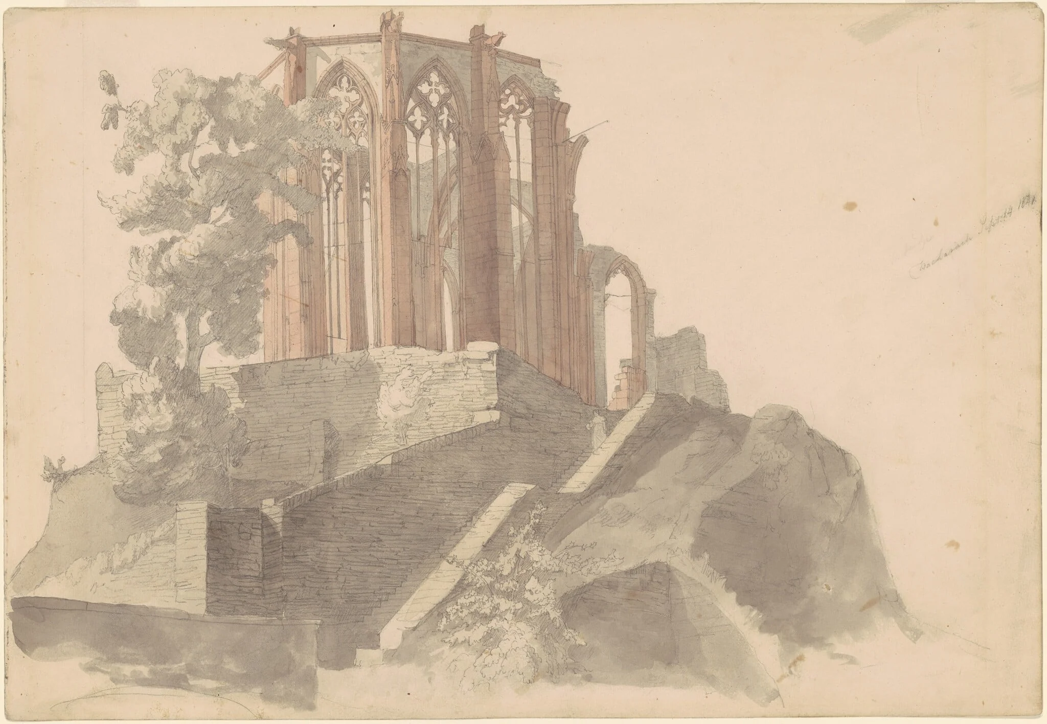 Cathedral Ruins, Bacharach, by Emanuel Leutze, graphite, 1841