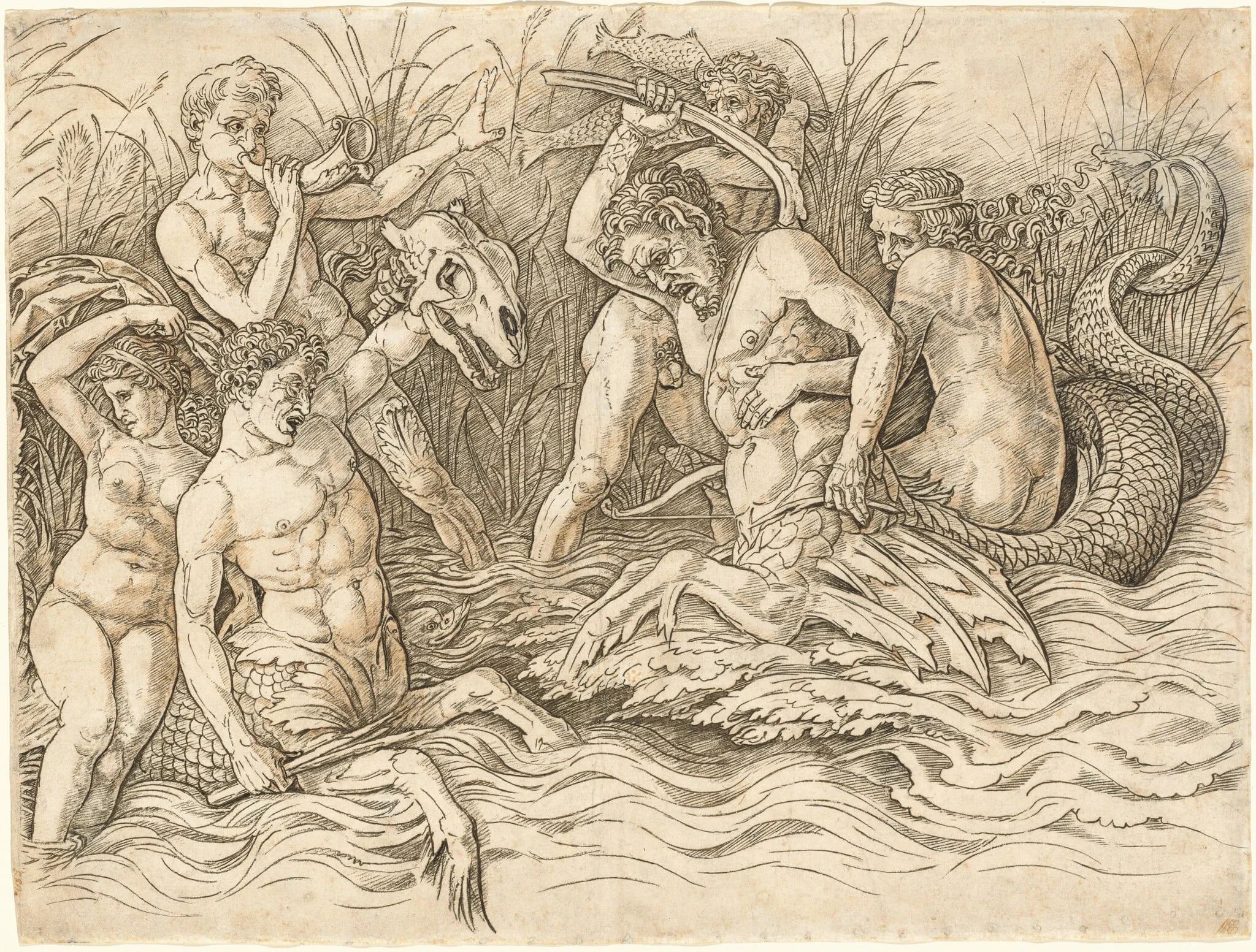 Battle of the Sea Gods [right half], by Andrea Mantegna, ink, 1481
