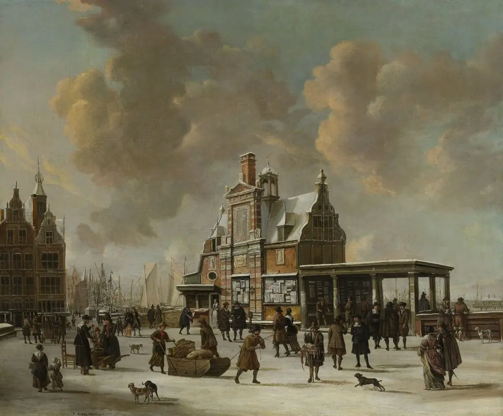 The Paalhuis and the Nieuwe Brug, Amsterdam, in the winter