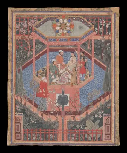 Prince Alamshah Rustam with Mihr Afruz in a garden pavilion