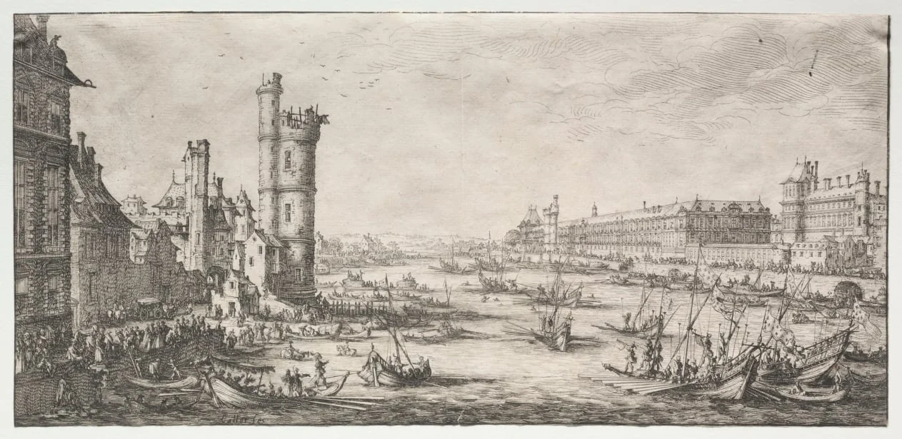 Les deux grandes vues de Paris:  Vue du Louvre, by Jacques Callot, 1629