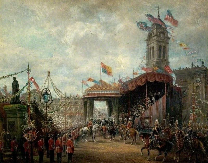 Market Place (The Royal Visit, Derby, 21 May 1891), by David Payne, oil, 1896