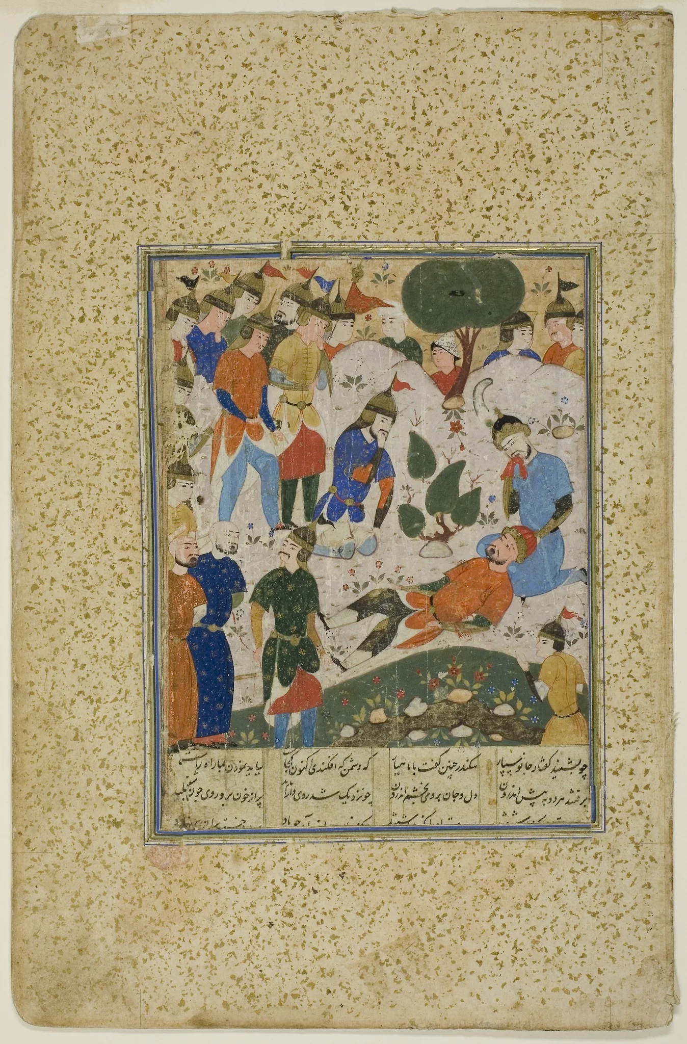 Iskander Comforts the Dying Darius, by Unknown, unspecified, 1596