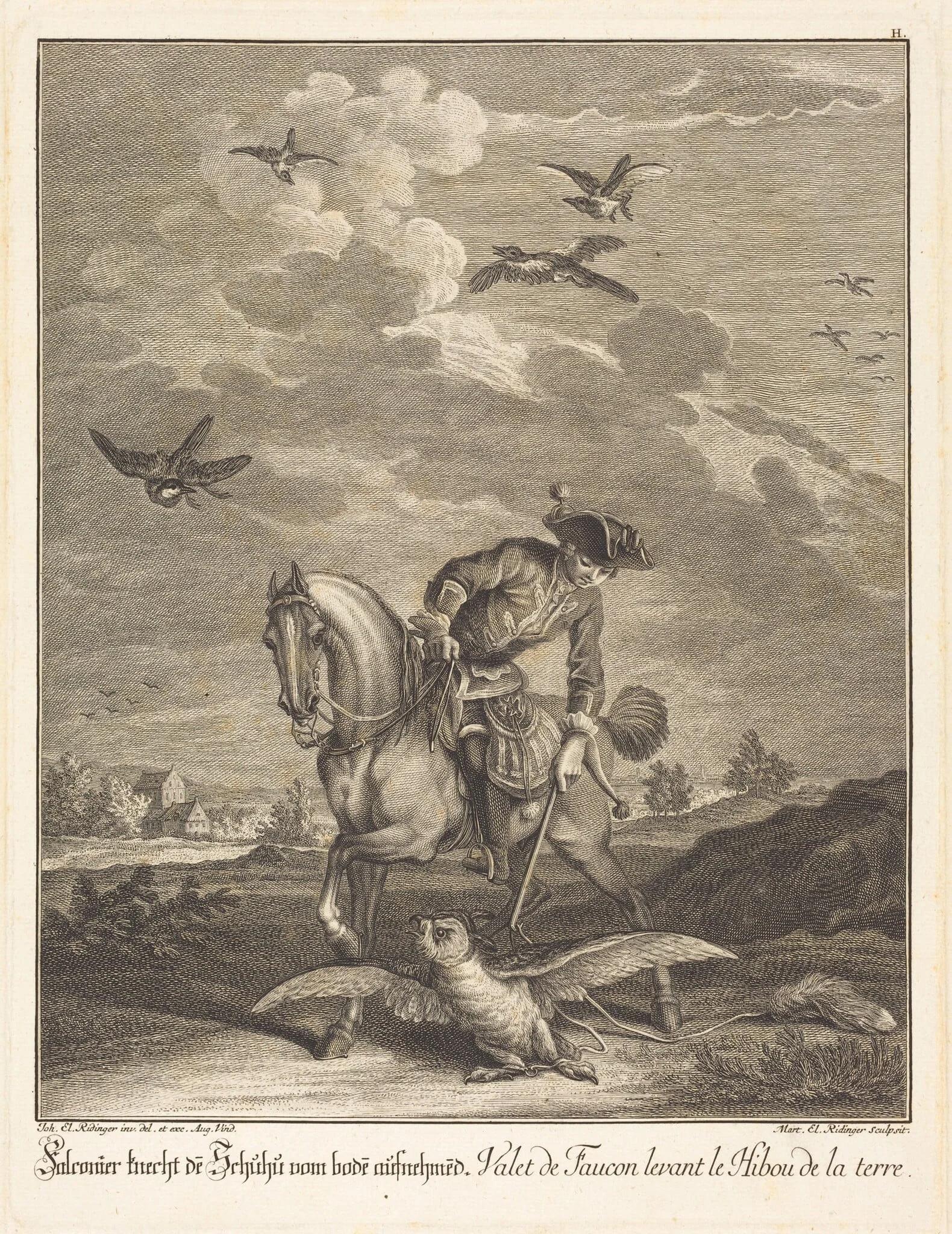 Falconeer Lifting an Owl from the Ground, by Johann Elias Ridinger, ink, 1732