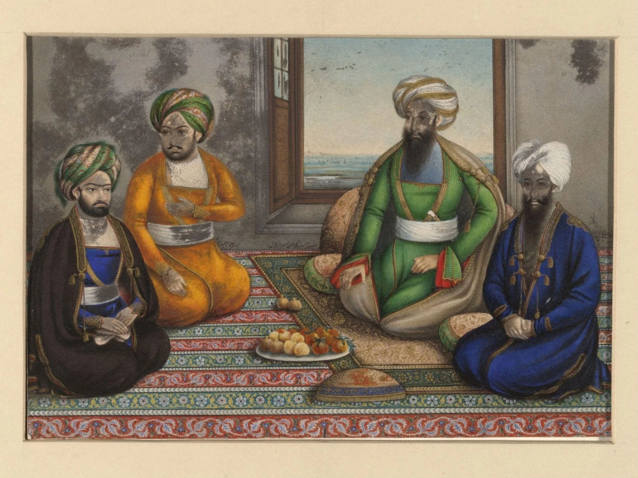 Dost Muhammad (d.1863), Amir of Afghanistan, with his three sons, Muhammad Akram Khan, Haidar Khan and Abdul Ghani Khan, seated on a carpet, by Unknown, paint, 1840