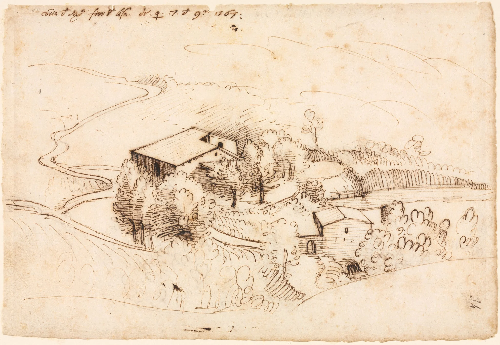 Farm with Trees in a Hilly Landscape (recto), by Gherardo Cibo, 1567