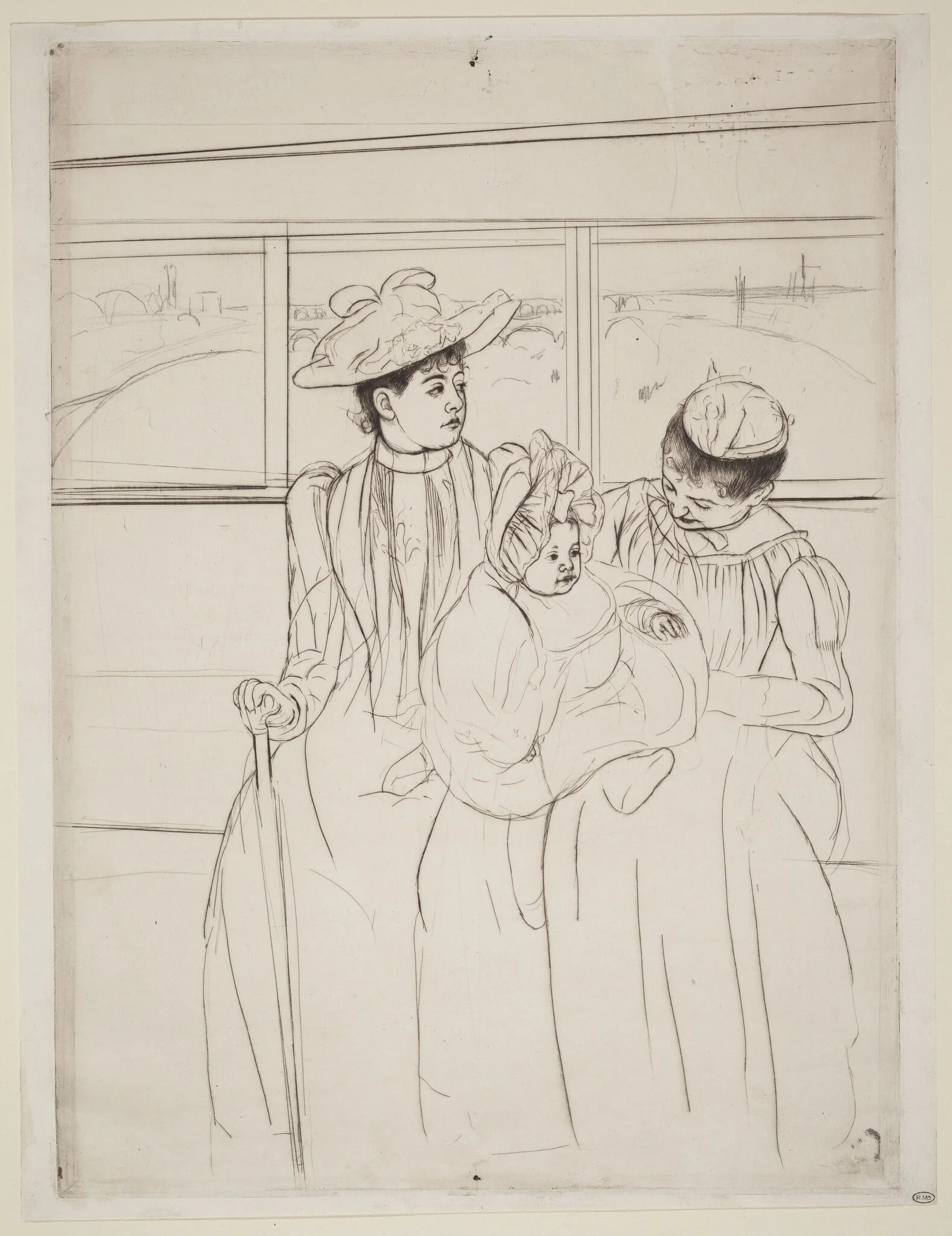 In the Omnibus, by Mary Cassatt, graphite, 1890
