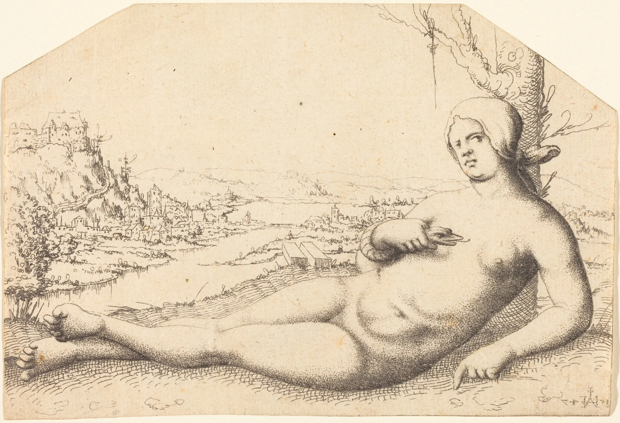 Death of Cleopatra, by Augustin Hirschvogel, ink, 1547