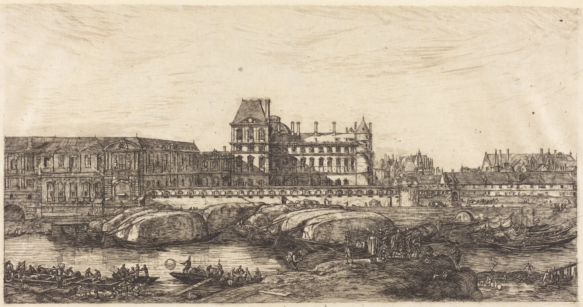 L'ancien Louvre d'après une peinture de Zeeman, 1651 (The Old Louvre, from a Painting by Zeeman, 1651), by Charles Meryon, ink, 1866