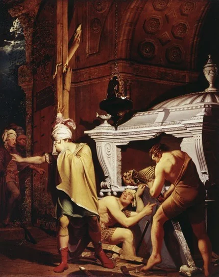Miravan Breaking Open the Tomb of his Ancestors, by Joseph Wright of Derby, oil, 1772