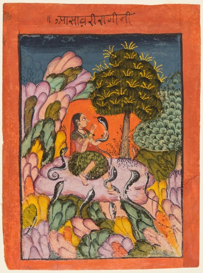 A Woman Charms Snakes in the Wilderness: Asavari Ragini, from a Ragamala, by Unknown, unspecified, 1704