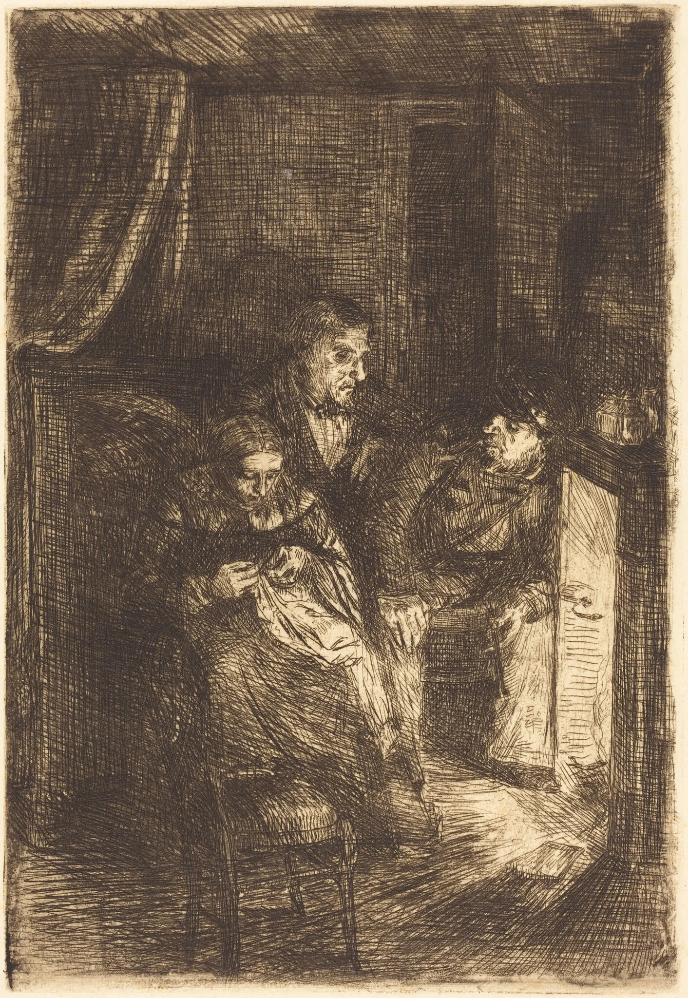 The Hearth (Le foyer), by Alphonse Legros, ink, 1874