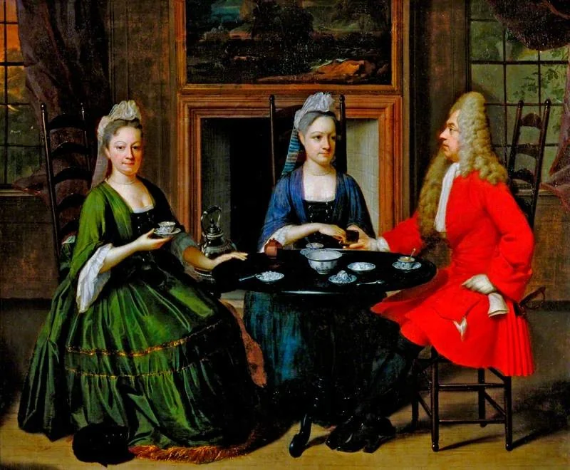 Two Ladies and an Officer Seated at Tea, by Unknown, oil, 1717