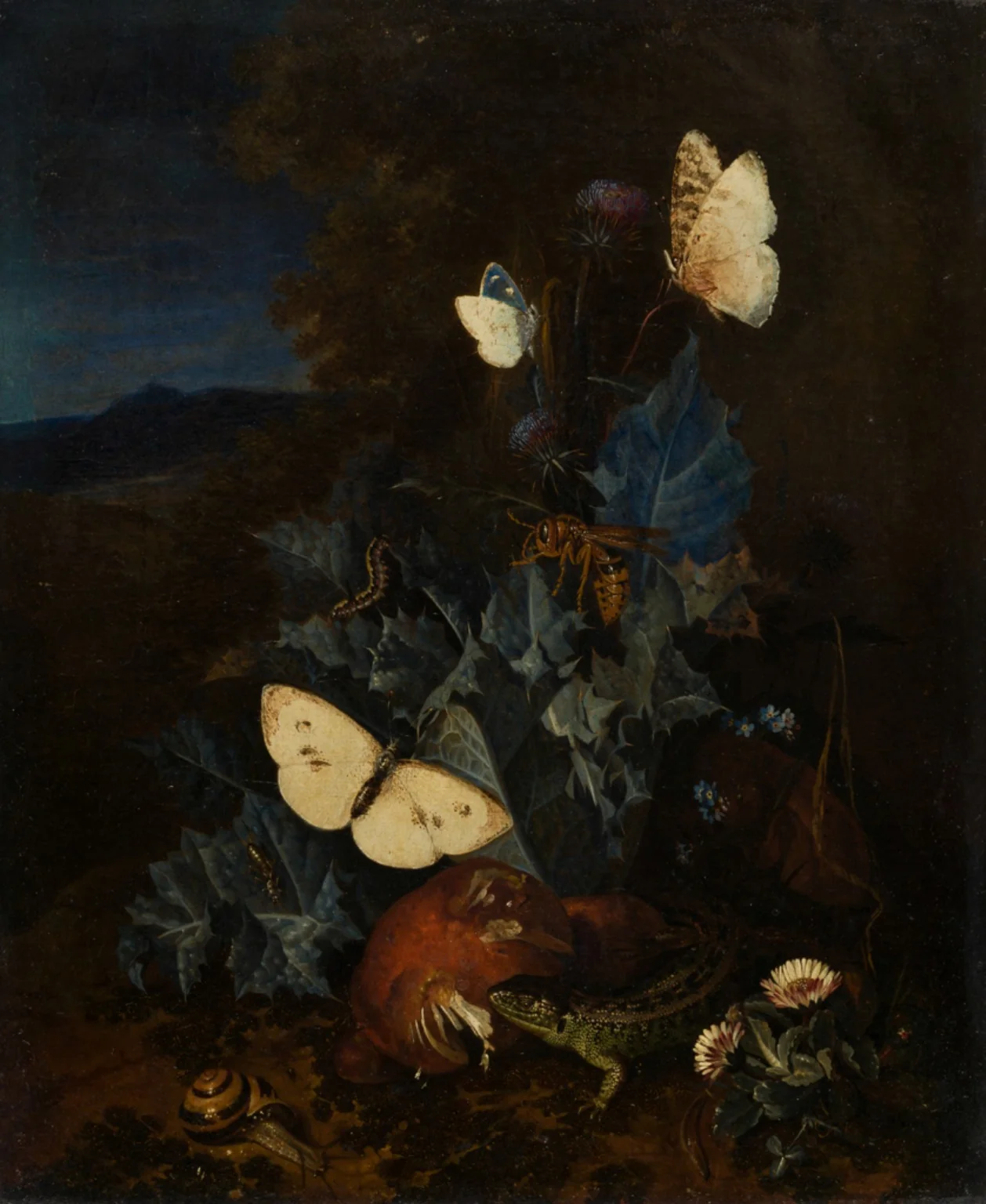 Still-life with a thistle, boletus, snail, lizard, butterflies and a bee in a landscape, by Unknown, oil, 1694