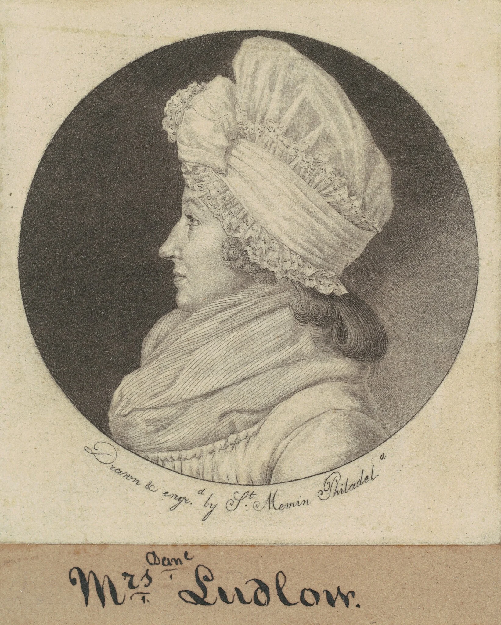 Arabella Duncan Ludlow, by Charles Balthazar Julien Févret de Saint-Mémin, ink, 1798